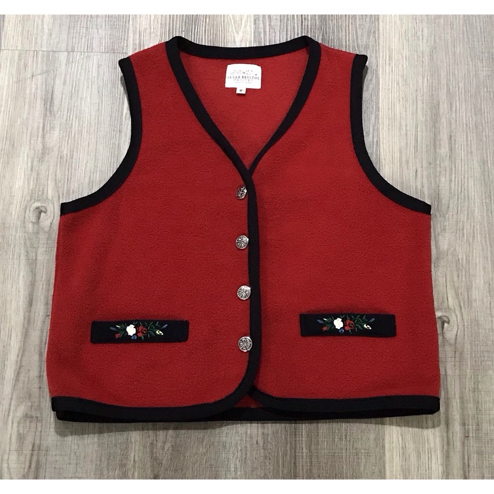 Susan Bristol Vintage Red Floral Embroidered Christmas Vest Small Made Taiwan
